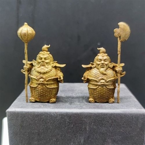 纯黄铜迷你哼哈二将小将军铠甲神话门神人物车载摆件客厅书房摆件