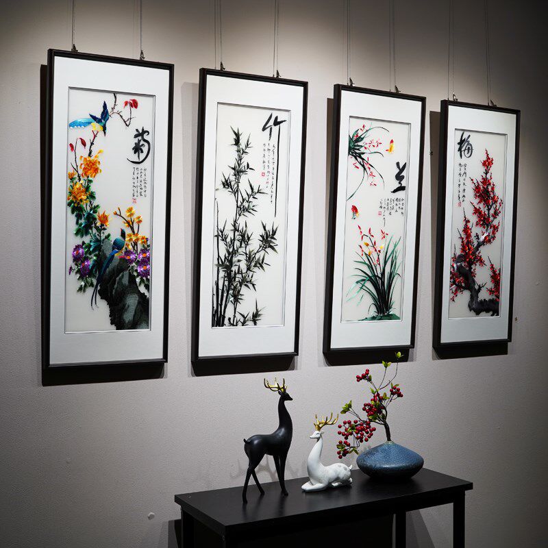 梅兰竹菊四君子四条屏手工苏绣刺绣挂画背景电视墙沙发客厅装饰画