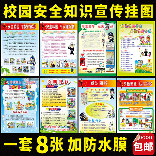 校园安全知识宣传标语防溺水交通安全防灾害交通背贴海报墙贴画