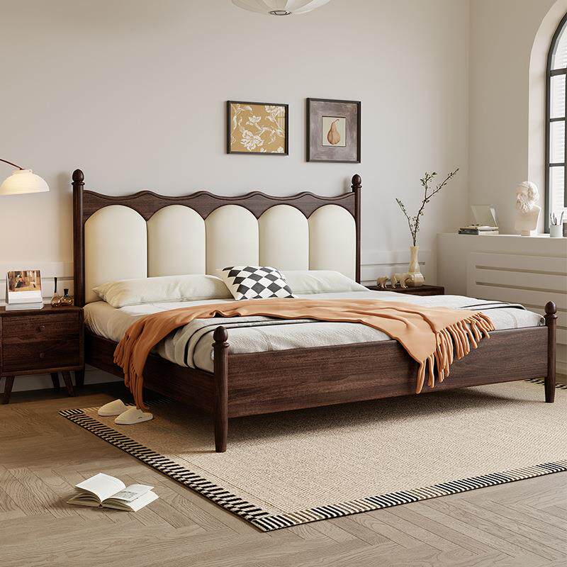 软包靠背南美白蜡木床中古双966物人法式床带储主卧风新中式床实