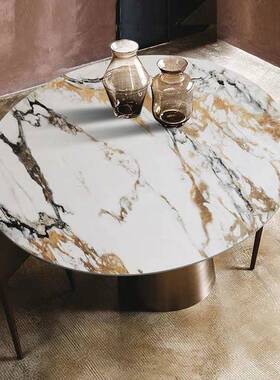 意式轻奢利丰岩板德圆形餐桌简约岩现代家ZDD小户型用饭桌高端板