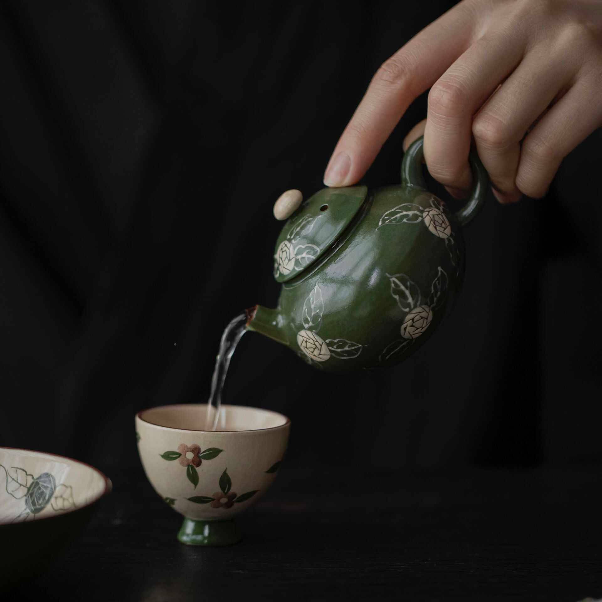 壶手粉引泡茶壶作釉下彩1青花手绘棱茶花壶文人雅玩手执壶