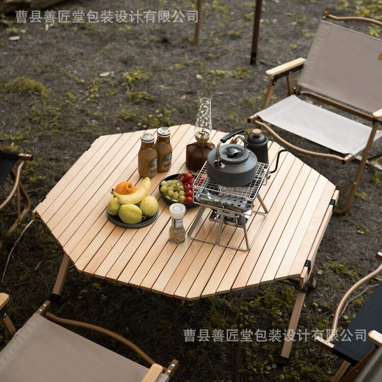 户外便携自驾游家用简易野餐桌木制八角蛋卷桌露营折叠桌