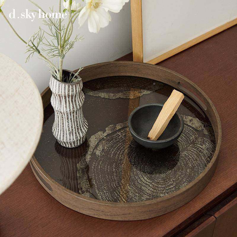 迪斯凯190色曲镜林影圆形托咖盘金缕繁花面圆形托盘居木家装饰摆