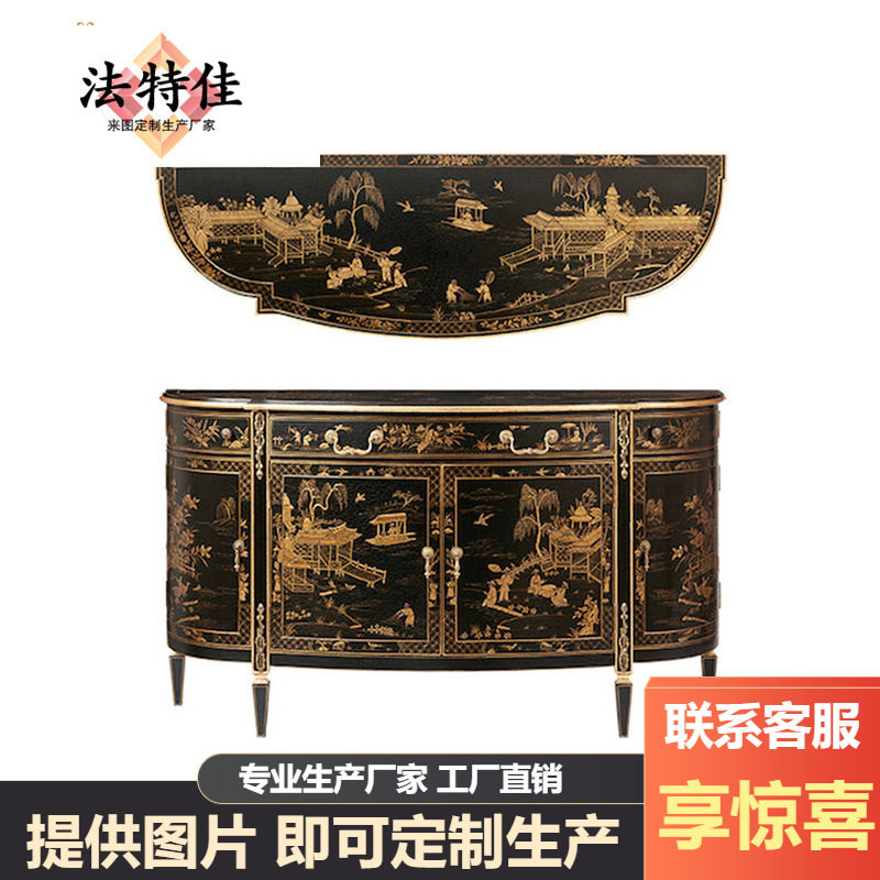 亚历山大中式家具馆欧式新古典双门艺术手绘描金钢琴烤漆玄关柜子