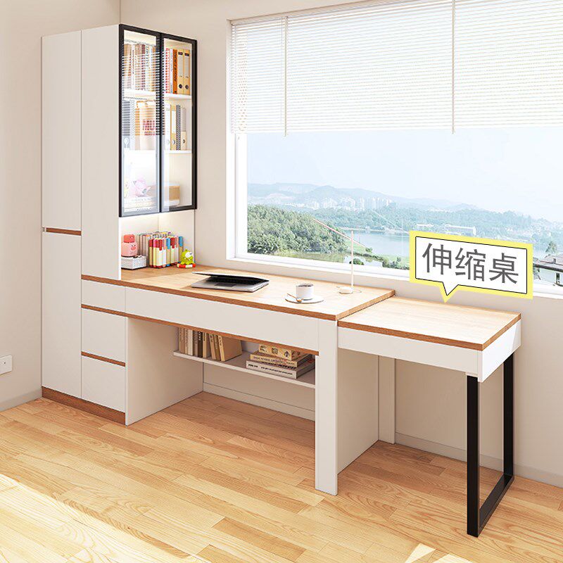 伸缩书桌双人电脑桌儿童书桌衣柜组合书房家用写字台办公学习桌子