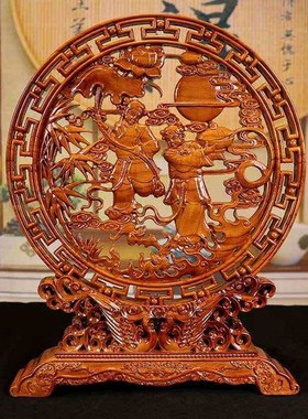 肥城桃木摆件实木挂件客厅卧室雕刻镂空木制单面木质办公