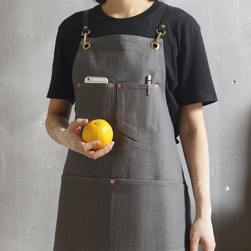灰色牛仔肩背带围裙咖啡师理发师工作服西餐厅网咖花艺围裙定制