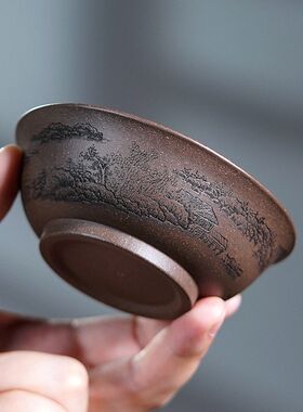 宜兴精品紫砂主人杯全手工刻绘山水普洱杯品茗杯大口杯茶杯茶具