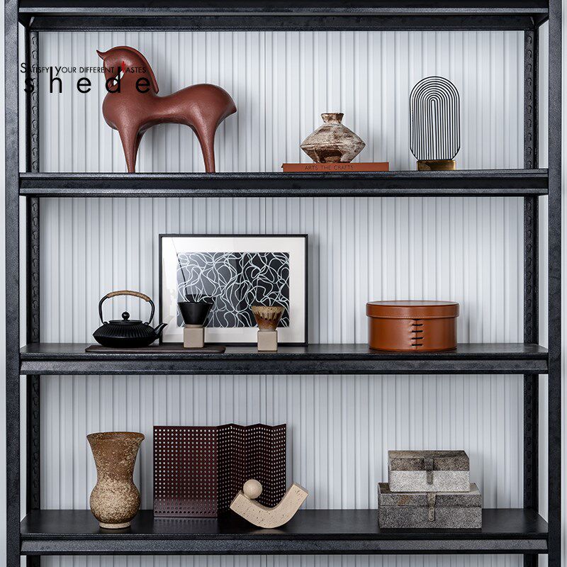 侘寂风展厅样板房书房书柜客厅展示柜博古架玄关软装饰品摆件套装