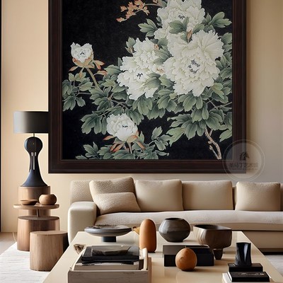 中古风花开富贵客厅背景装饰画牡丹花卉手绘油画艺术入户玄关挂画