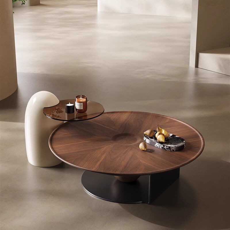 意大利极简主义圆形咖啡桌,彷古风格胡桃皮咖啡桌组合,客厅,小公