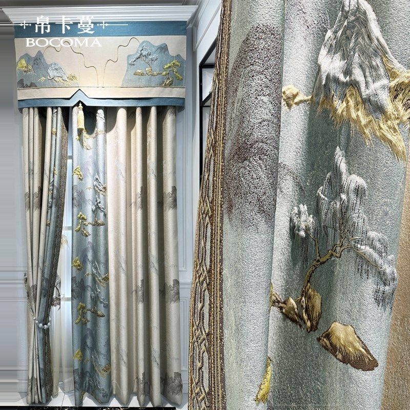 高档别墅奢华中式复古山水客厅卧室提花浮雕窗帘绣花窗纱成品定制