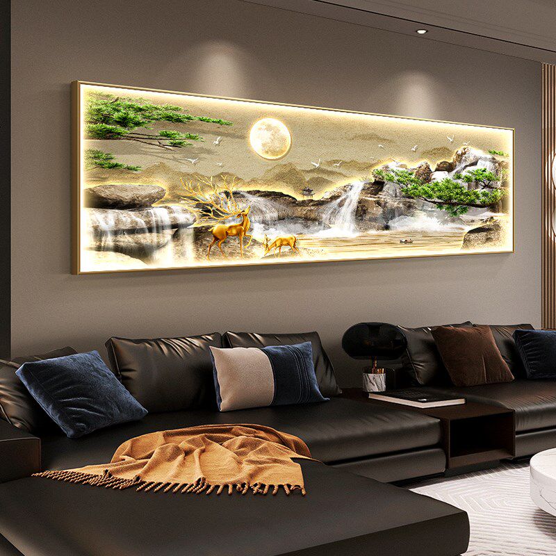 流水生财客厅装饰画山水风景迎客松壁画沙发背景墙带led灯光挂画
