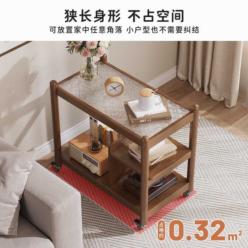 可移动客厅复古中古风小茶几带轮玻璃床头边沙发边柜边几桌子推车