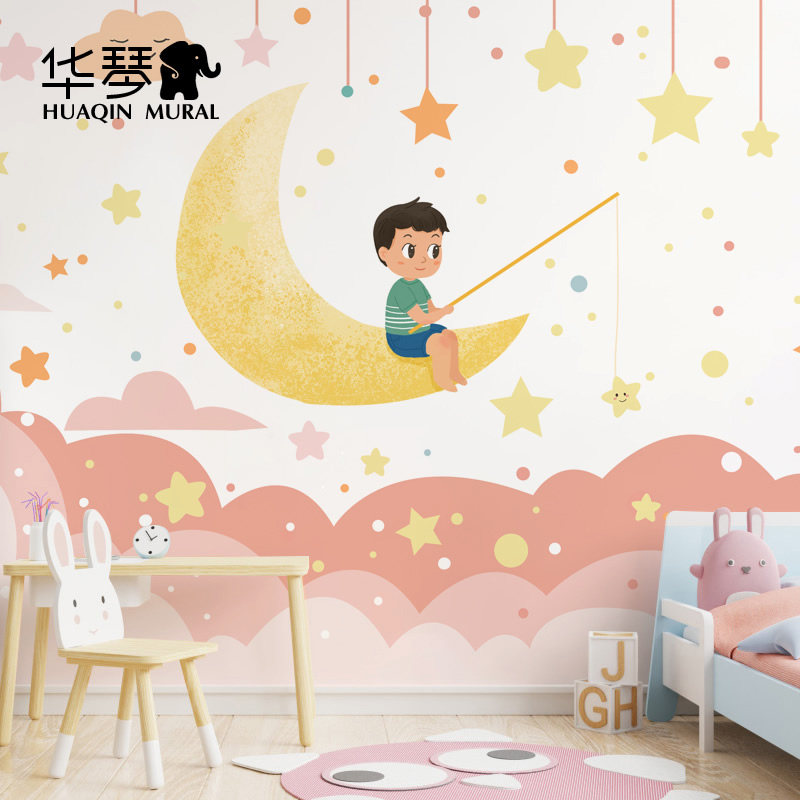 卡通月亮星星男孩女孩儿童房墙纸壁纸幼儿园墙布壁布游乐场壁画