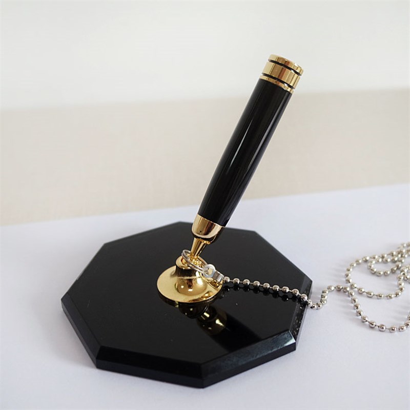 商务会议水性签约笔黑色水晶底座柜台笔创意金属带链固定签字笔