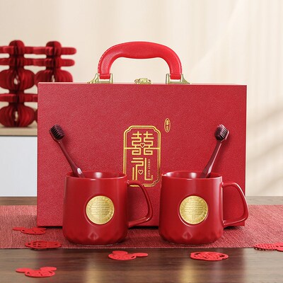 结婚陶瓷洗漱杯创意铜章喜婚庆陶瓷红色漱口杯女方陪嫁礼盒套装