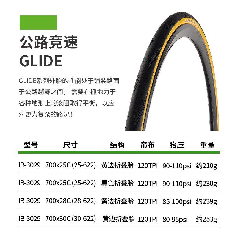 伊诺华公路车竞速外胎700X25/28C黄边粉边蓝边折叠防刺轮胎3029
