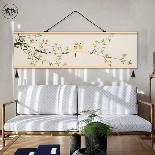 中式山水花鸟装饰画客厅书房艺术挂画布艺横版大尺寸挂布背景布