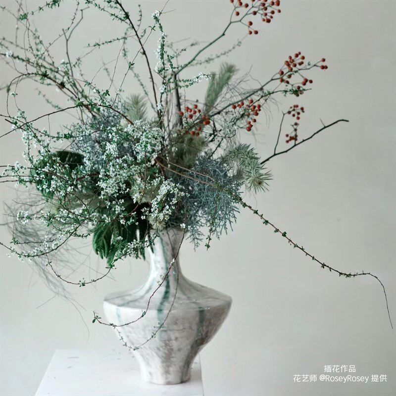 大丹奶油绿线条中古花瓶手工陶瓷客厅家居软装摆件艺术花器邓丹丹