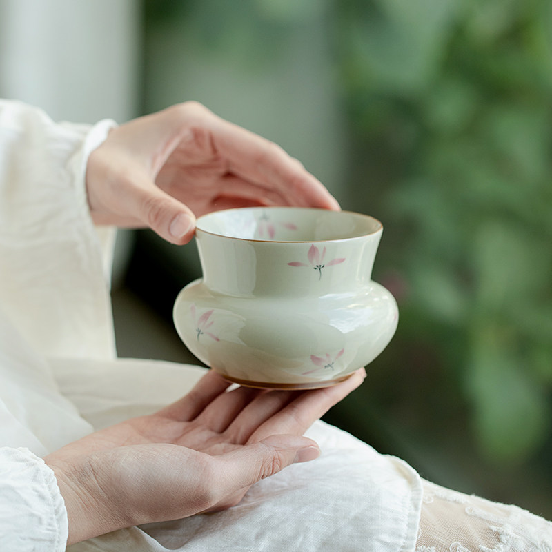 观策器隐草木灰纯手绘粉兰花圆口建水陶瓷茶洗茶渣缸水盂家用茶具