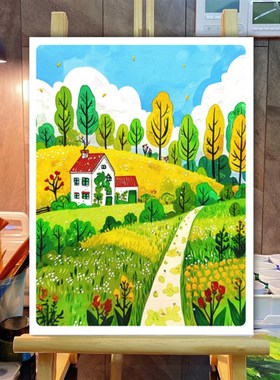 绿色秘境临摹卡儿童创意美术明信片马克笔风景建筑乡村范图装饰画