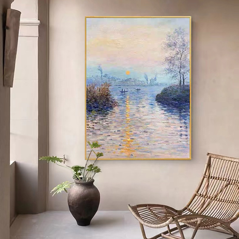 莫奈日出进户门正对玄关画风景客厅沙发背景墙挂画高档油画装饰画