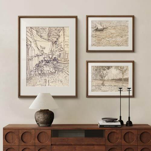 梵高素描风景画组合画法式复古艺术客厅装饰画中古风玄关斗柜挂画