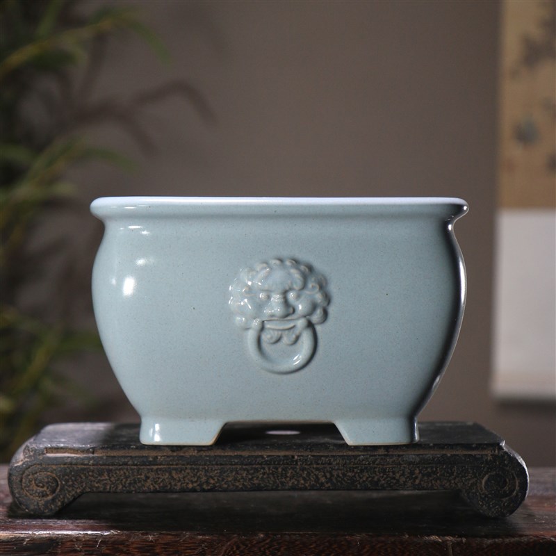 陶瓷盆景盆正方形兽面狮子兽钮仿古典紫砂花盆四方形收口桌面盆栽