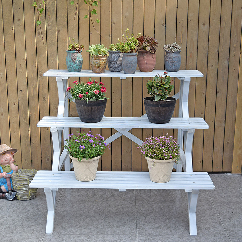 复古白色多层实木花架阳台阶梯式做旧花盆架民宿庭院落地盆景装饰