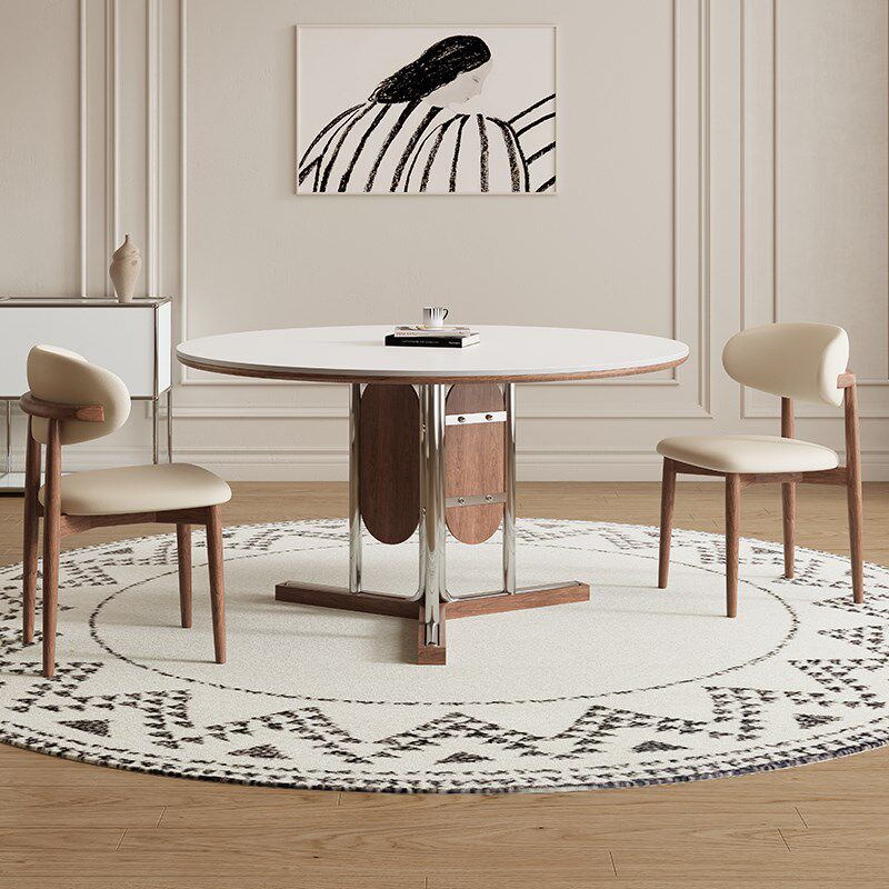 德利丰实木岩板餐桌圆形小户型法式奶油中古风高端全托圆桌饭桌子