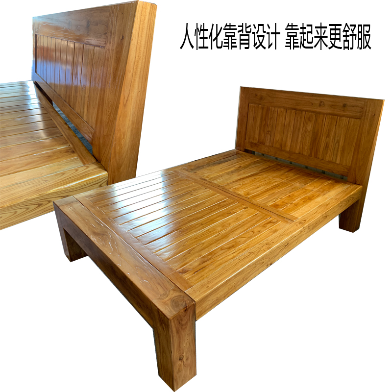 纯实木床1.81.51.2米现代简约老榆木家具平尾结实大料榆木床人