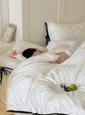 奶油波点 小资长绒棉黑色绑带四件套法式浪漫全棉被套罩床上用品