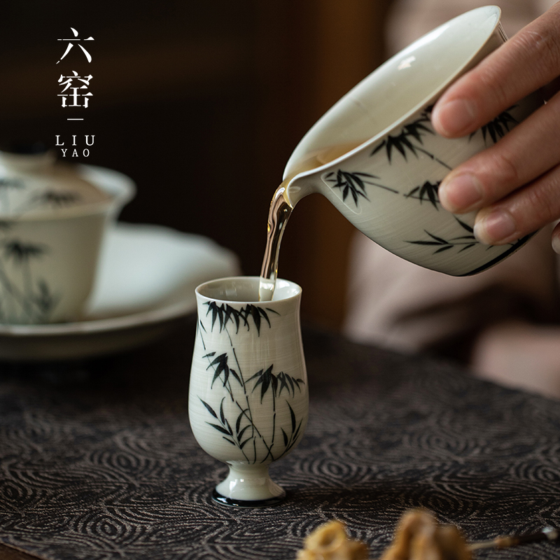 手绘粉引功夫茶杯闻香杯高足杯家用陶瓷品茗杯主人杯复古喝茶单杯