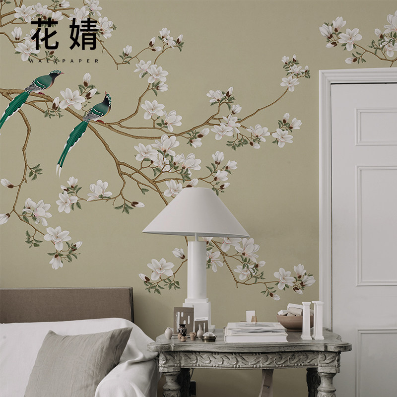 中式玉兰花壁纸卧室客厅高端墙布无缝定制花鸟电视背景墙壁纸壁画