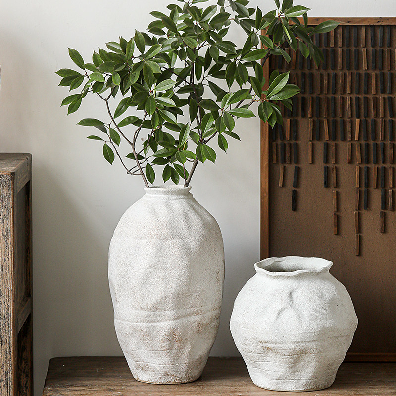 禅逸侘寂风花瓶白色陶瓷复古做旧陶罐民宿客厅酒柜博古架装饰摆件