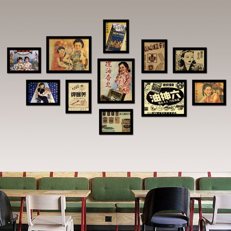 老上海民国风剧本杀场景装饰画咖啡厅怀旧挂画月份牌组合照片墙