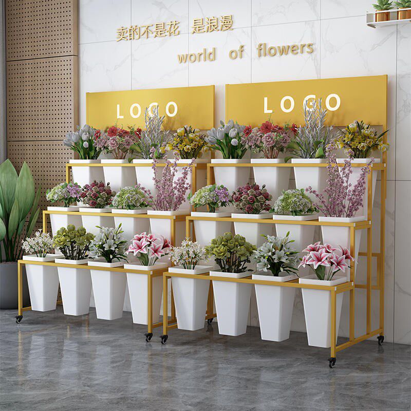 可移动带广告板阶梯多层花店方桶铁艺鲜花架子花店花桶展示架花架