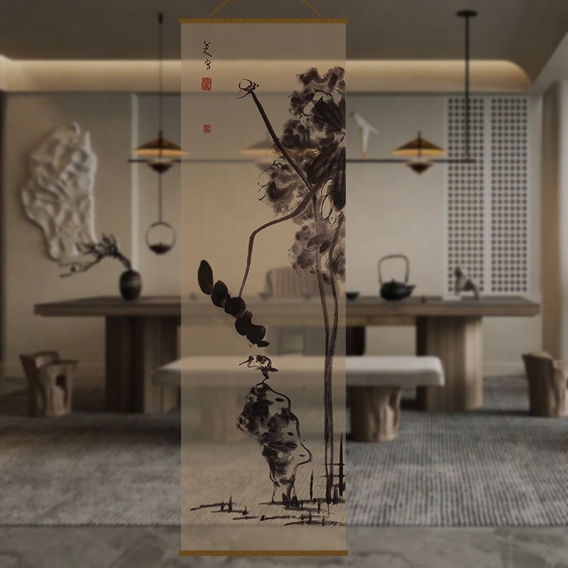 半荷花面透景屏风纱中式卷帘隔断帘挂帘水墨窗帘透光纱帘