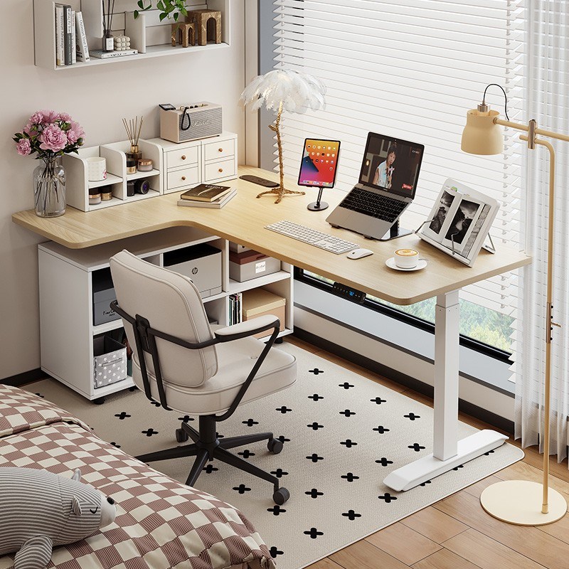 转角书桌书柜一体办公桌L型电脑桌电竞桌家用智能实木电动升降桌