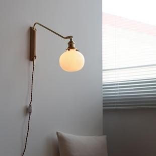 全胡桃木左旋转右壁灯免艺布线文陶瓷506复古卧室床头插铜头带开