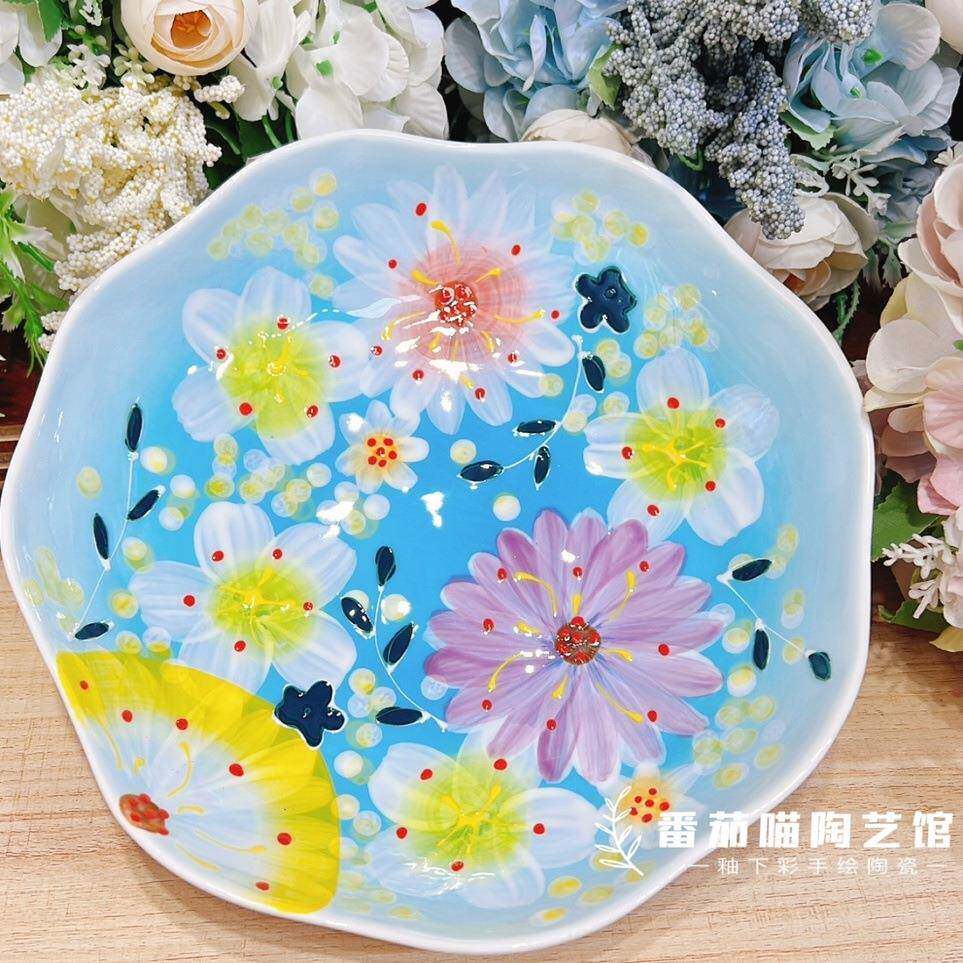 水F8口0濑户下烧新款PNX陶瓷釉彩家用餐具盘子花朵盘荷盘饭盘果盘