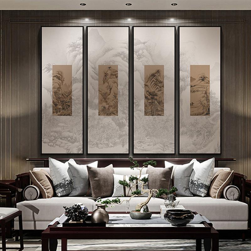 新YZ202211式古典组合装饰画山水抽茶室组合挂画样中板象艺术配间
