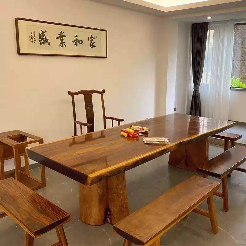 桌北美黑胡桃木实木板茶原木中岛台NVS餐桌椅奥坎蜡花梨大白木书