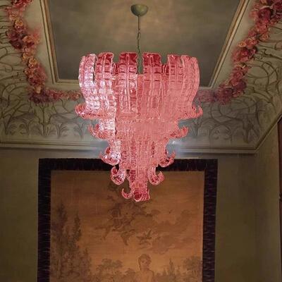 法式粉色玻璃吊灯别墅楼梯挑空灯中古新款餐厅灯穆拉诺玻璃吊灯