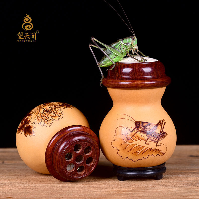 螽斯天然葫芦手工烙画摆件蛐蛐红木镶口蟋蟀葫芦叫罐文玩把件虫鸣