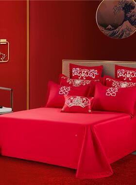高结婚档房棉喜庆大红色刺绣花纯单单件床三件套KKM双人全棉加大