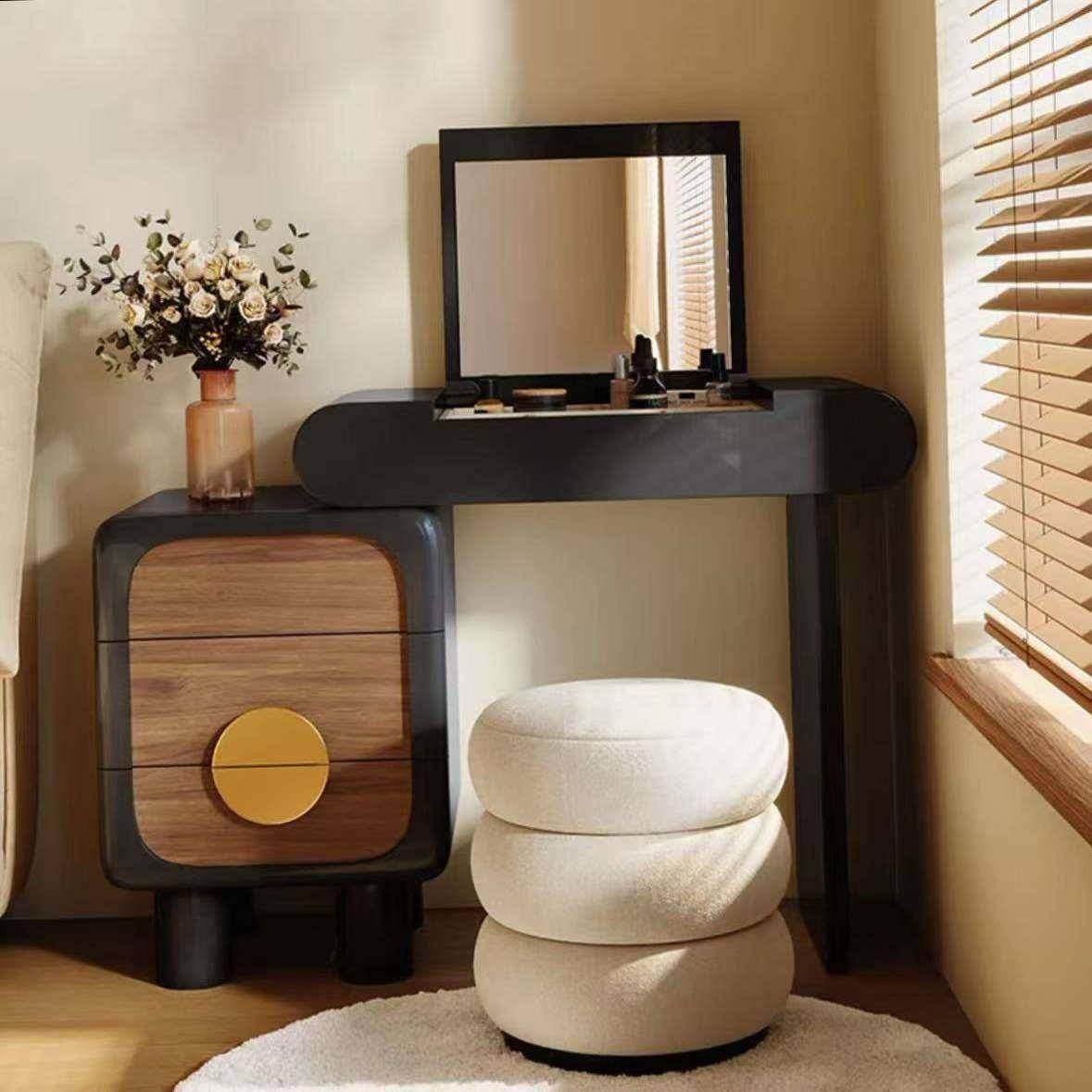 感实木梳妆台斗柜一体轻奢主色JDT简约化妆台黑小型翻盖化卧妆桌