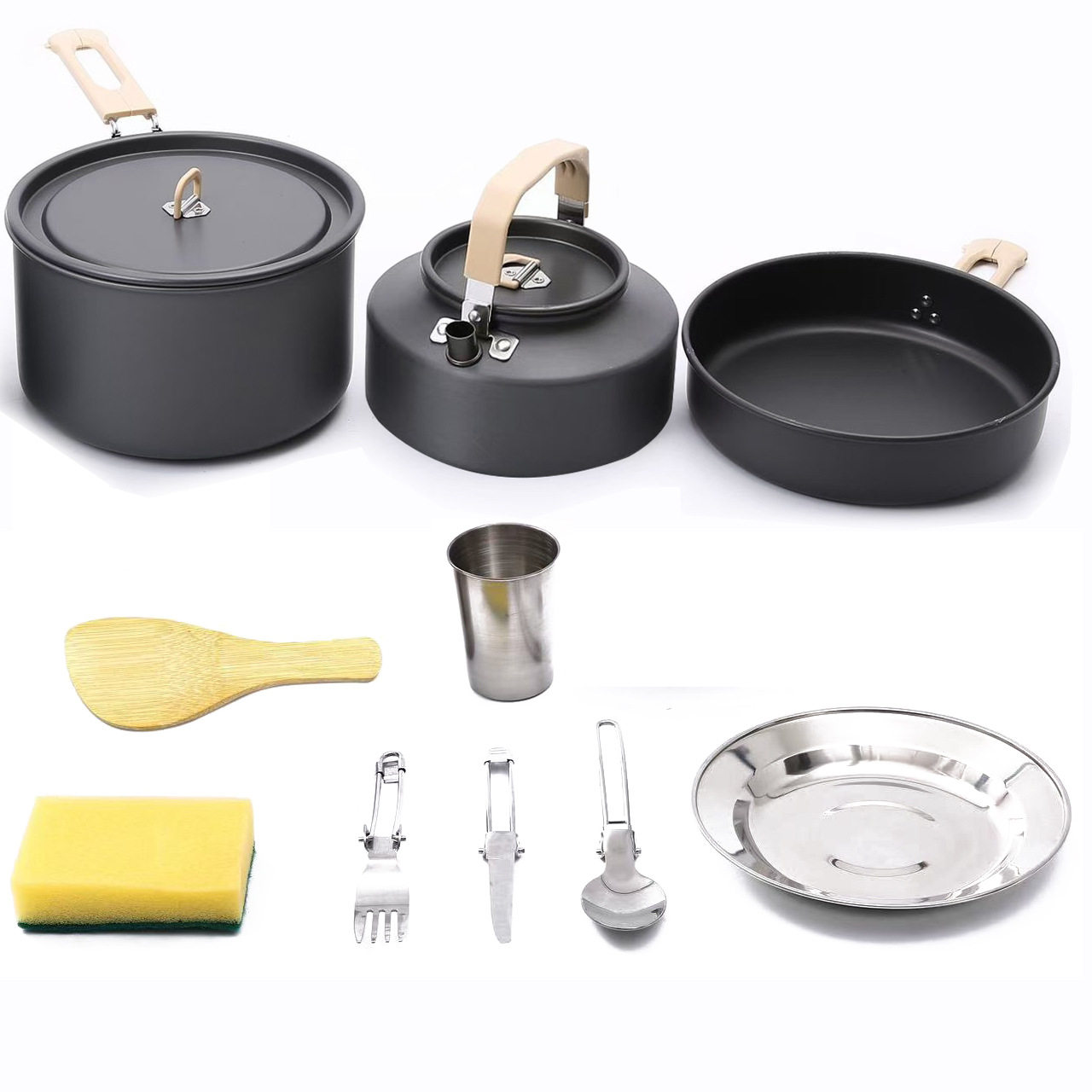厂家直供户外锅野营3-4人套锅便携折叠野外炊具锅具带1.1L茶壶套